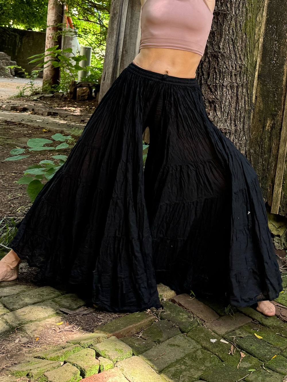 Flowy Wide-Leg Black Tiered Palazzo Pants